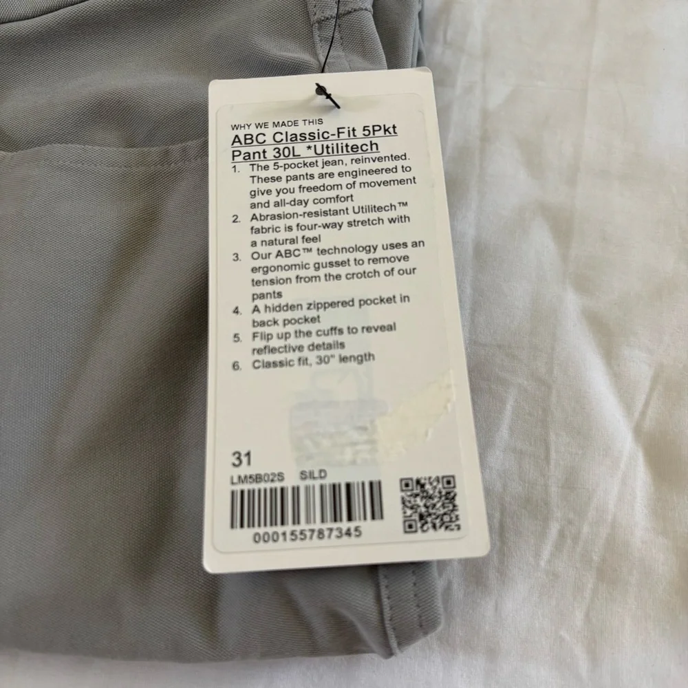 Lululemon ABC Classic-Fit 5Pkt Pant 30”L *Utilitech SILD Silver Drop Size 32